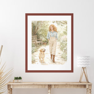 Poster Aquarelle Jardin Marche avec Chien Cottagecore