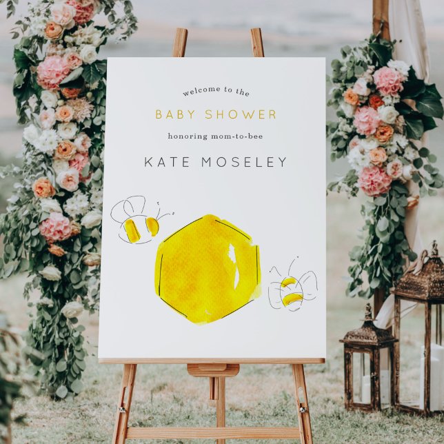 Poster Aquarelle jaune Bumble Bee Baby shower Bienvenue (Watercolor buzzing bees honeycomb Baby Shower welcome poster sign.)