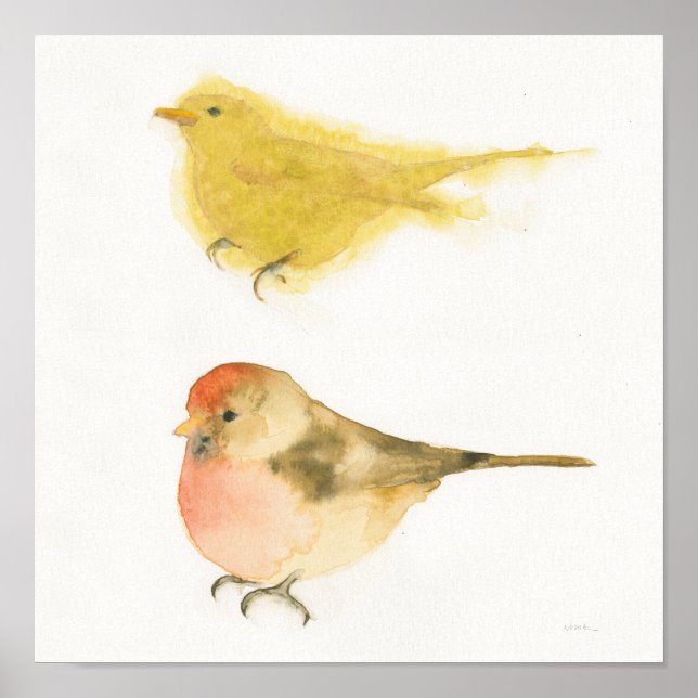 Poster Aquarelle jaune Oiseaux (Devant)