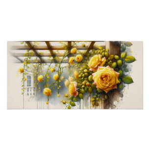 Poster Aquarelle Jaune Roses Jardin Métal Imprimer
