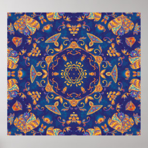 Poster Aquarelle Kaleidoscope Mandala Oriental Design.