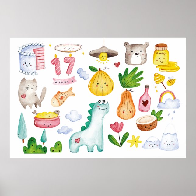 Poster Aquarelle kawaii doodles isolés sur fond blanc (Devant)