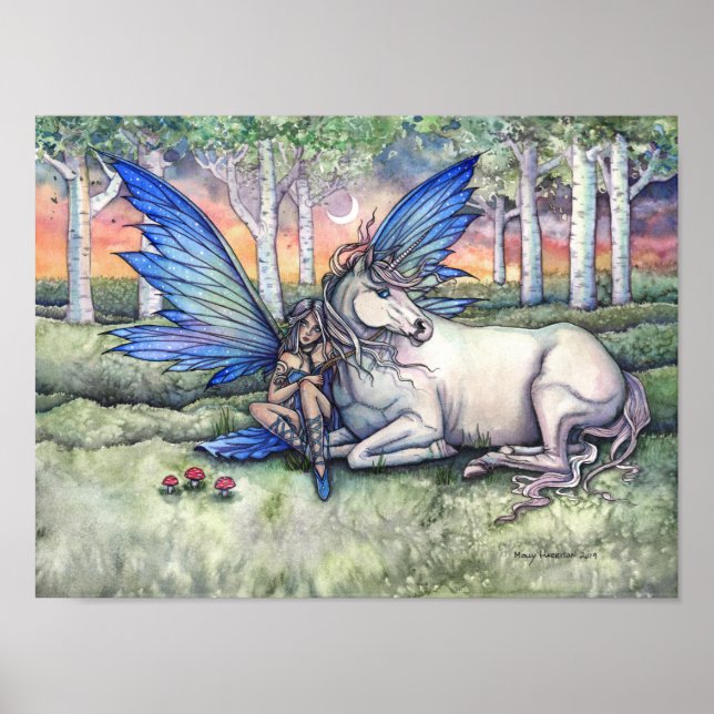 Poster Aquarelle Kindred Fairy et Unicorn Imaginaire Art (Devant)