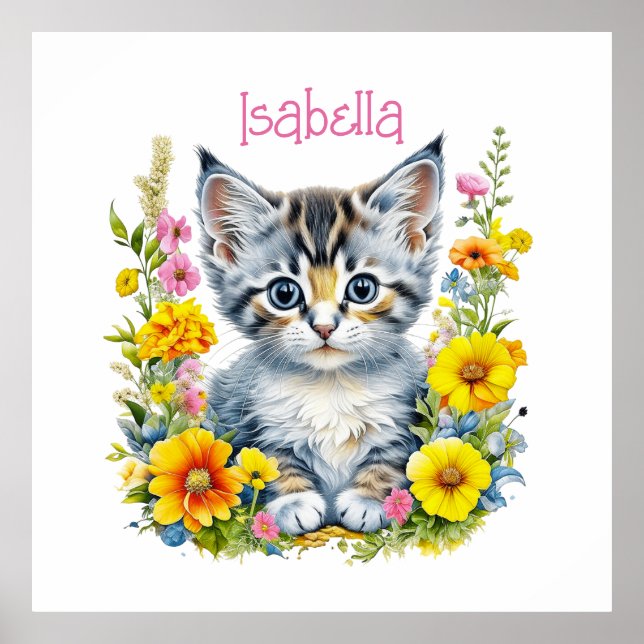 Poster Aquarelle Kitten en Fleurs Personnalisé (Devant)