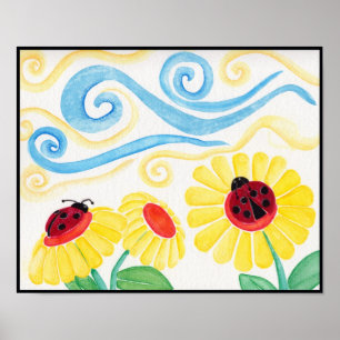 Poster Aquarelle Ladybug & Fleurs Imprimer