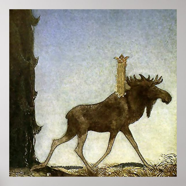 Poster Aquarelle "Leap the Elk" par John Bauer (Devant)