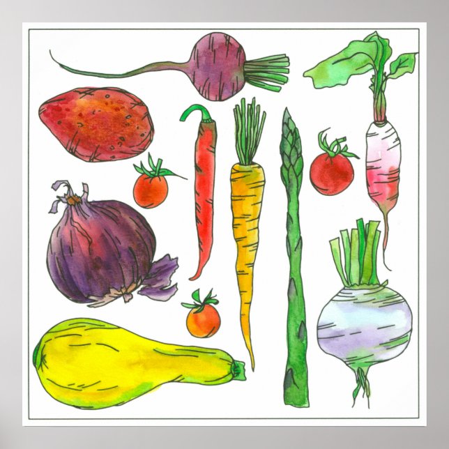 Poster Aquarelle Légumes Carottes betteraves Asperges (Devant)