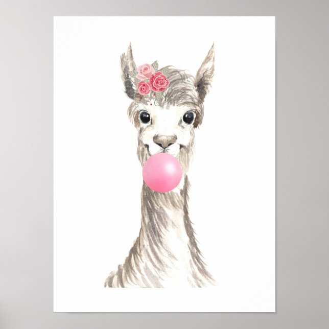 Poster Aquarelle Llama soufflante bulle (Devant)