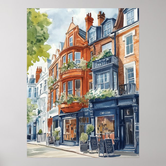 Poster Aquarelle Londres : maisons de ville victoriennes (Devant)