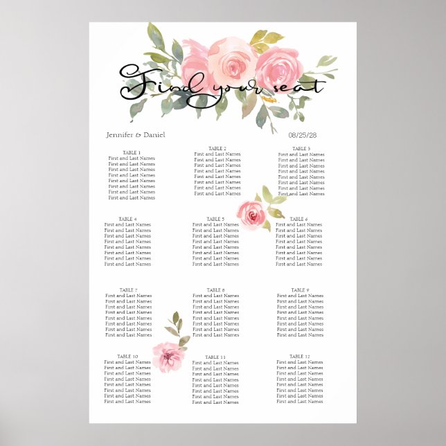 Poster Aquarelle Lush Blush Rose Floral Diagramme de sièg (Devant)