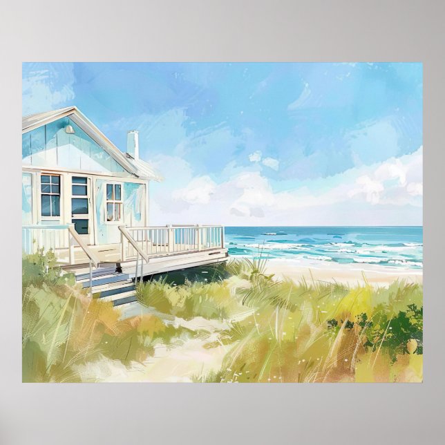 Poster aquarelle maison de plage aux couleurs vives (Devant)