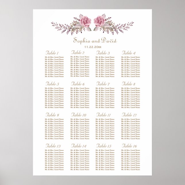 Poster Aquarelle Marsala Maroon Floral Seat Chart (Devant)