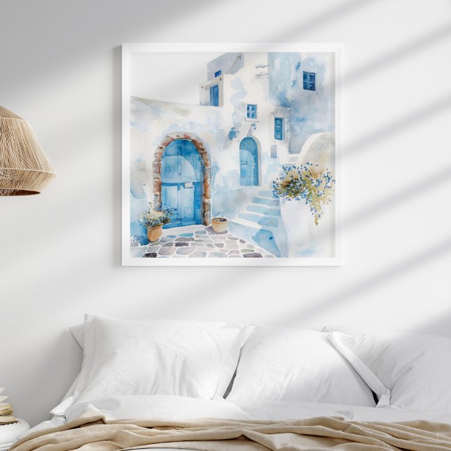 Poster Aquarelle Méditerranéenne Voyage Mur Art (Watercolor Mediterranean Coastal Travel Wall Art in a neutral coastal boho bedroom in white frame.)