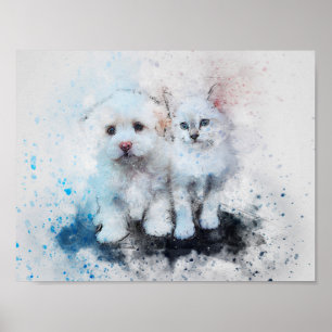 Poster Aquarelle Mélange Média Kitten & Pochettes Buddy