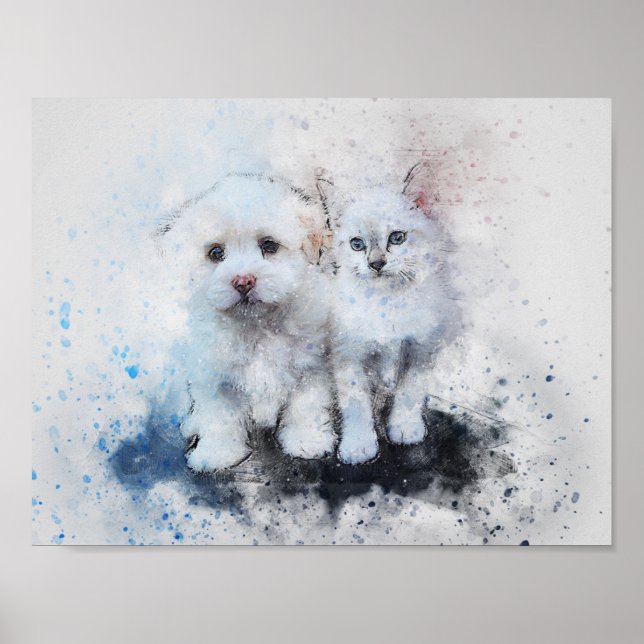 Poster Aquarelle Mélange Média Kitten & Pochettes Buddy (Devant)