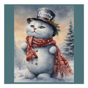 Poster Aquarelle Meowen Noël mignonne Chat Snowman