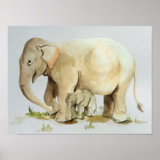 Poster Aquarelle mère et bébé éléphant Imprimer 16x12