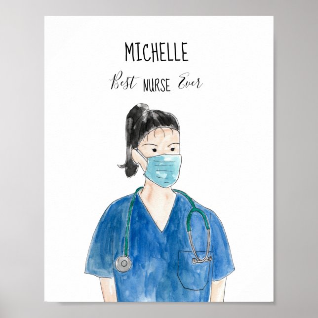 Poster Aquarelle mignonne Femme Infirmière Cheveux noirs  (Devant)
