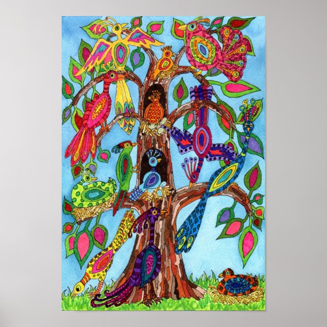Poster Aquarelle mignonne Oiseau Arbre de vie (Devant)