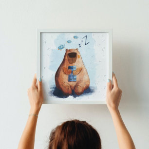 Poster Aquarelle mignonne Ours couchage Bébés Enfants Nur
