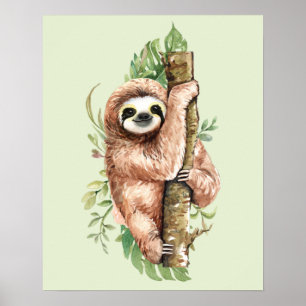 Poster Aquarelle mignonne Sloth & Feuilles tropicaux