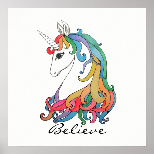 Poster Aquarelle mignonne unicorne arc-en-ciel (Devant)