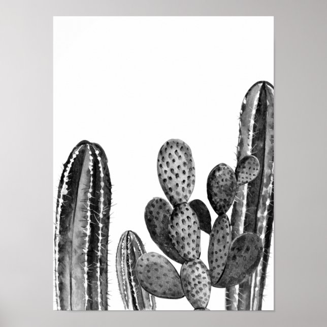 Poster Aquarelle Moderne Cactus Sud-Ouest Noir blanc (Devant)