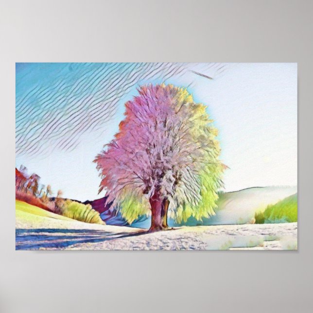 Poster Aquarelle moderne des arbres enneigés colorés (Devant)