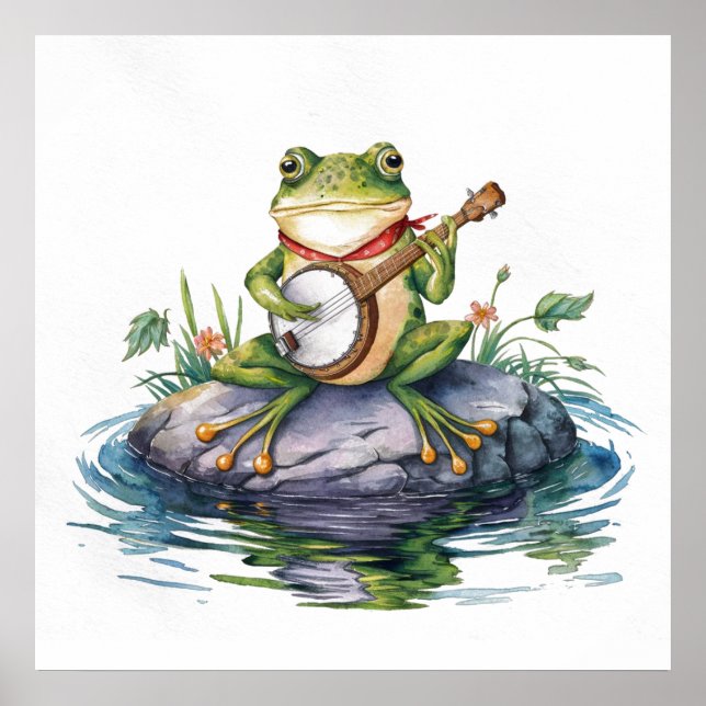 Poster Aquarelle moderne grenouille verte avec guitare su (Devant)