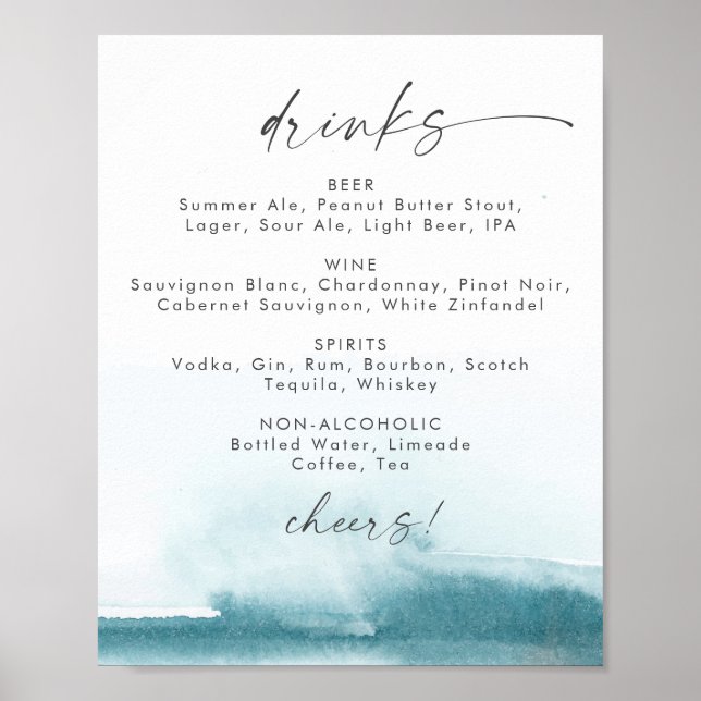 Poster Aquarelle moderne | Menu des boissons Mariage Turq (Devant)