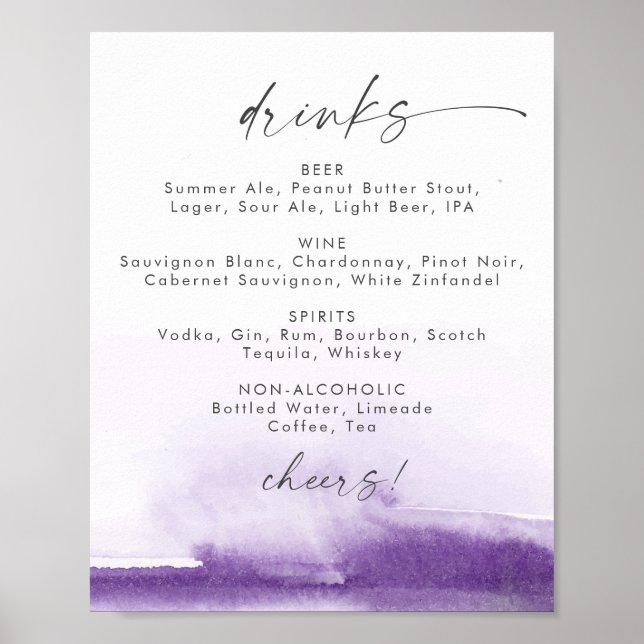 Poster Aquarelle moderne Purple Mariage Boissons Menu Sig (Devant)