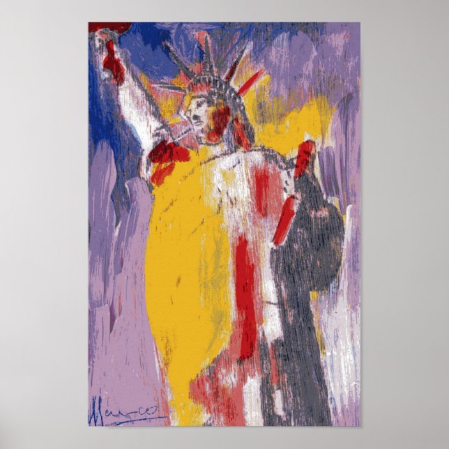 Poster Aquarelle moderne rouge jaune Statue de la Liberté (Devant)