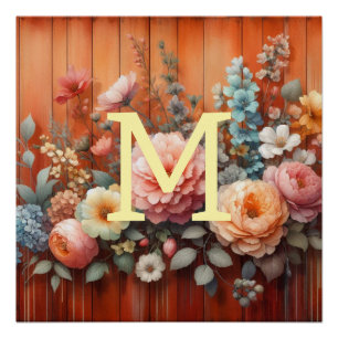 Poster Aquarelle monogramme fleurs terracotta couleur boi