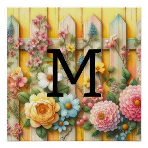 Poster Aquarelle monogramme pastel fleurs sur bois jaune
