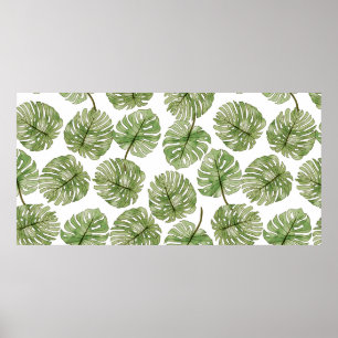 Poster Aquarelle Monstera Vert Tropical Feuilles sans cou