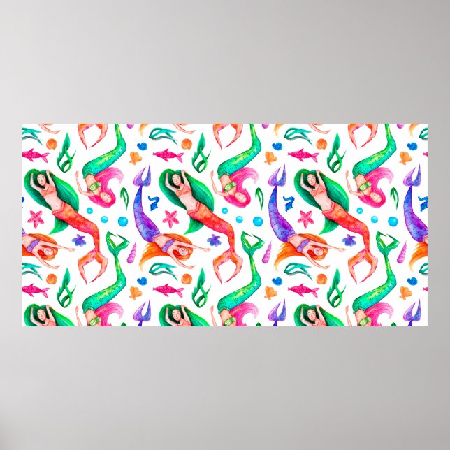 Poster Aquarelle motif sans soudure avec sirènes, coquill (Devant)