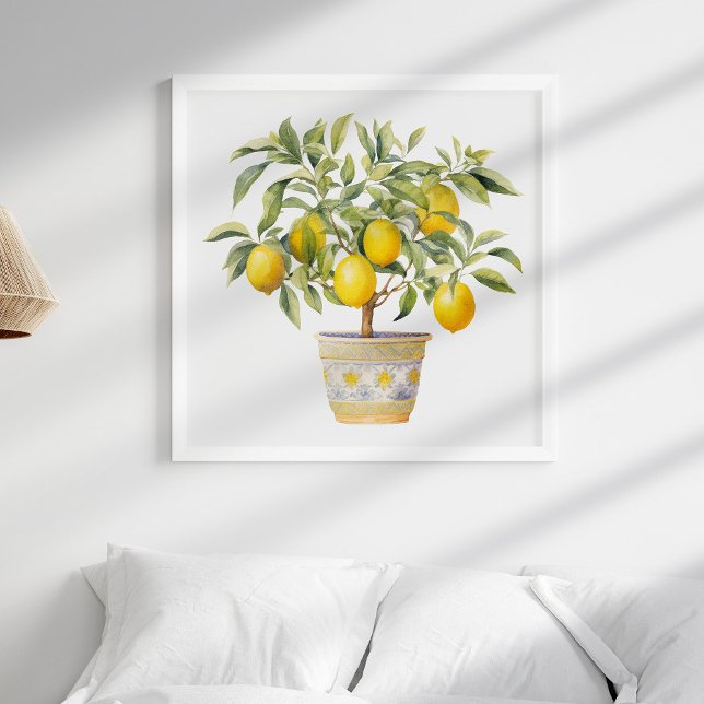 Poster Aquarelle Mur de citronnier méditerranéen (Watercolor Mediterranean Lemon Tree Wall Art in a white frame in a neutral boho bedroom.)