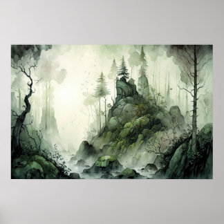 Poster Aquarelle mystérieuse de la forêt de Mist