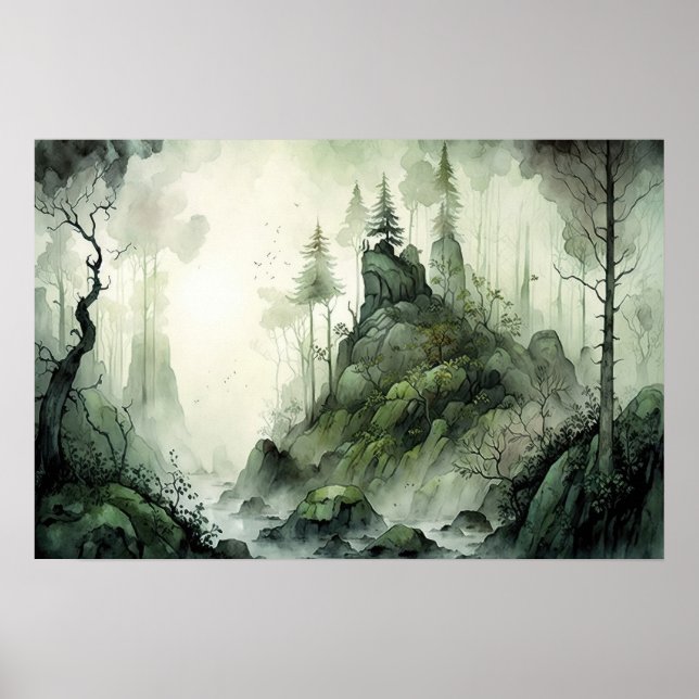 Poster Aquarelle mystérieuse de la forêt de Mist (Devant)