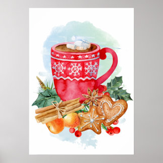 Poster Aquarelle Noël Chocolat chaud Marshmallow