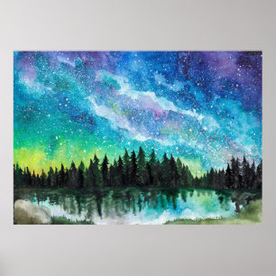 Poster Aquarelle nuit paysage Voie Lactée