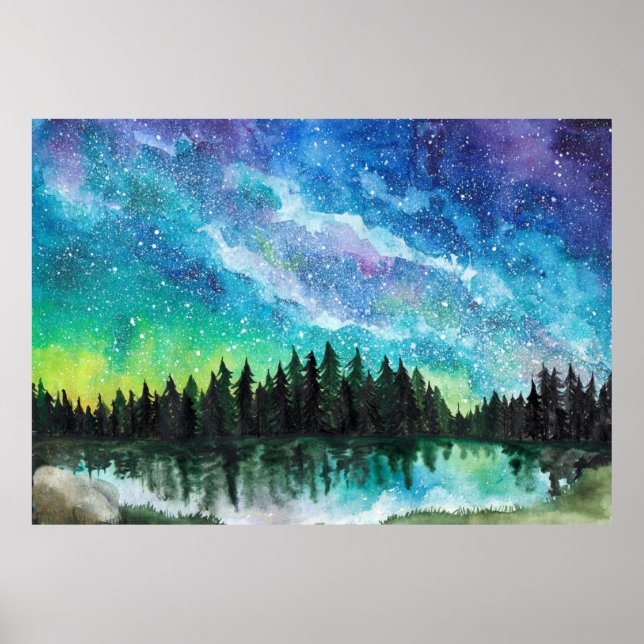 Poster Aquarelle nuit paysage Voie Lactée (Devant)