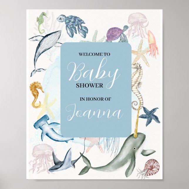 Poster aquarelle océan thème baby shower accueil (Devant)