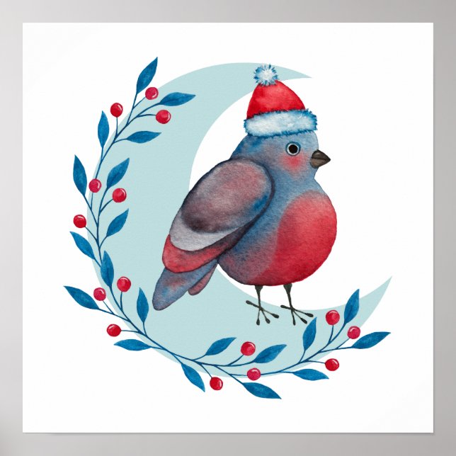 Poster Aquarelle Oiseau bleu de Noël sur la lune (Devant)