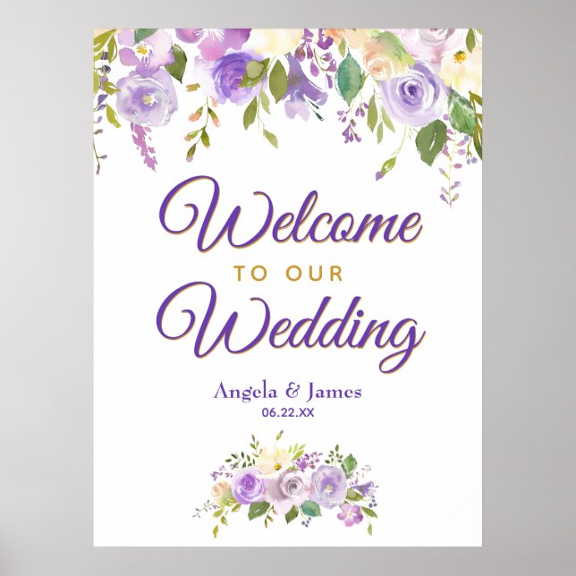 Poster Aquarelle or violet Mariage de bienvenue Floral (Devant)