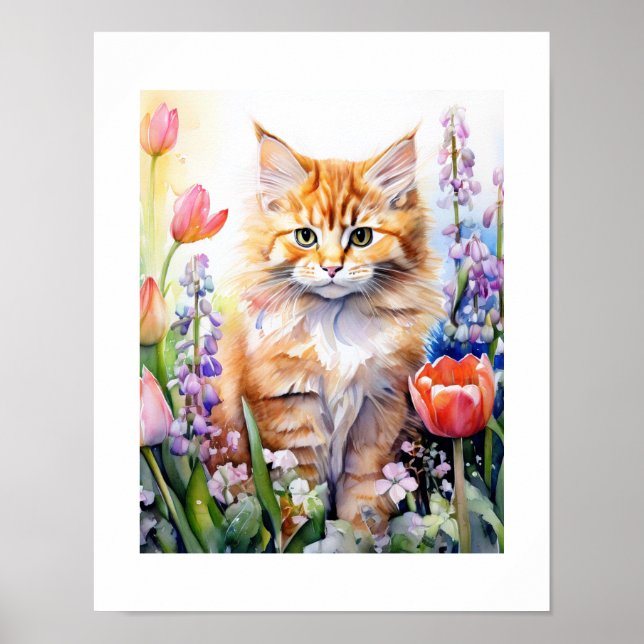 Poster Aquarelle Orange Tabby Kitty Chat Dans Le Jardin F (Devant)