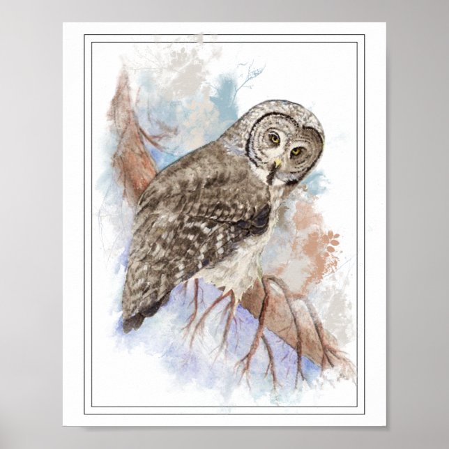 Poster Aquarelle originale Grande Chouette gris Oiseau (Devant)