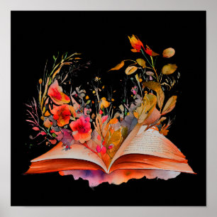 Poster Aquarelle Ouvert livre avec fleurs