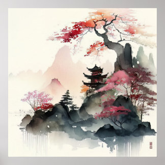 Poster Aquarelle Pagode Art