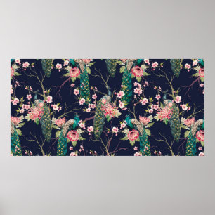 Poster aquarelle paon motif sur une cerise d'arbre, fleur